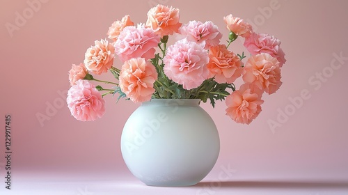 Beautiful carnations in a light blue vase floral arrangement soft pink background artistic photography