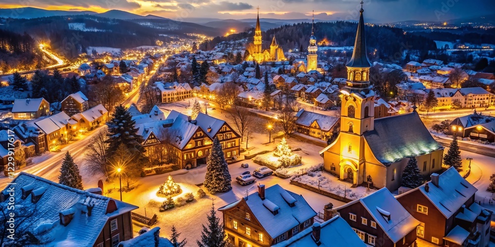 Fototapeta premium Aerial View of Churches Glowing with Christmas Lights at Night