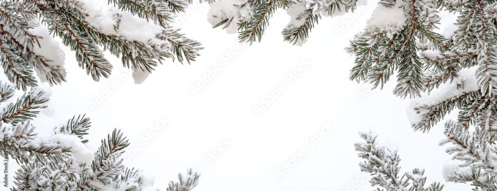 Fototapeta premium A Christmas wreath of snowcovered pine branches on white