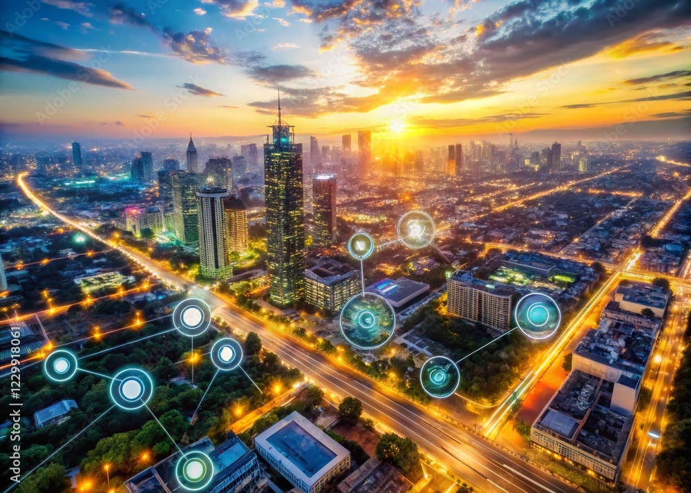 Fototapeta premium Aerial View of Cityscape with Customizable Image Editing Interface Elements