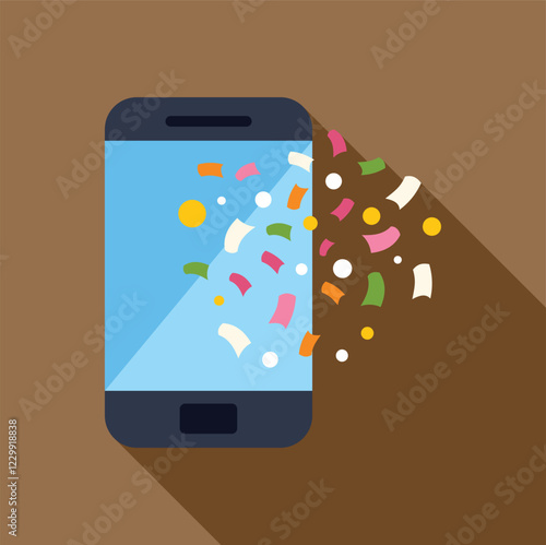 Colorful confetti and coins exploding from smartphone screen, representing online achievements, bonuses, or digital celebrations