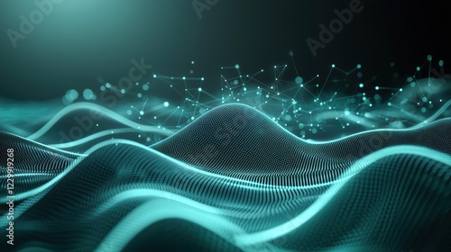 A mesmerizing digital landscape of flowing waves and particles, illuminated in turquoise, creating a sense of depth and motion.