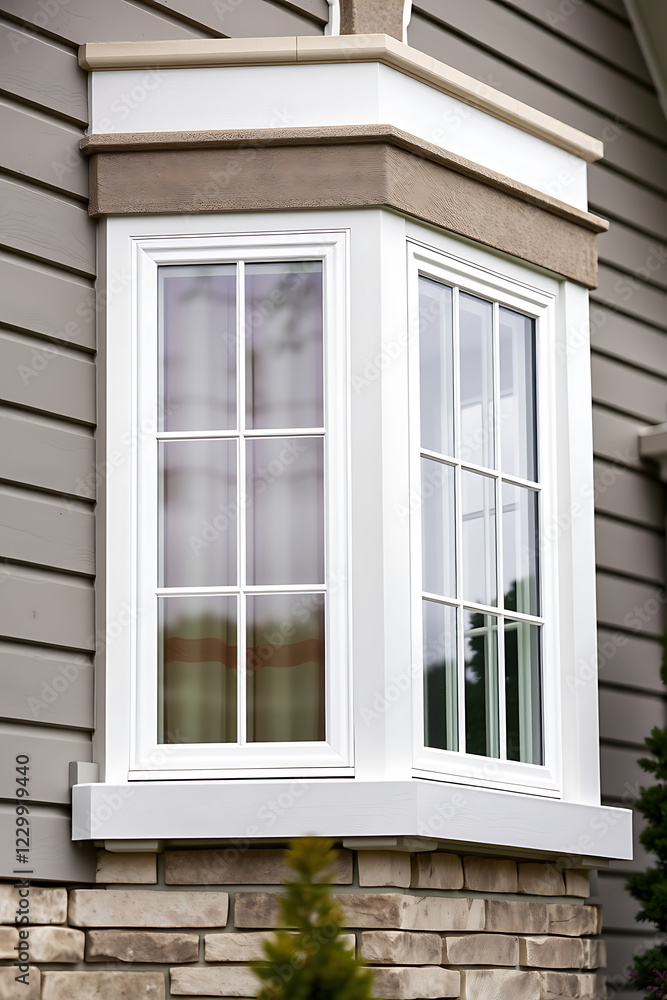 Elegant Bay Window with White Frame and Brick Exterior. Modern Home Design and Real Estate Photography Elegant Bay Window with White Frame and Brick Exterior. Modern Home Design and Real Estate Photography