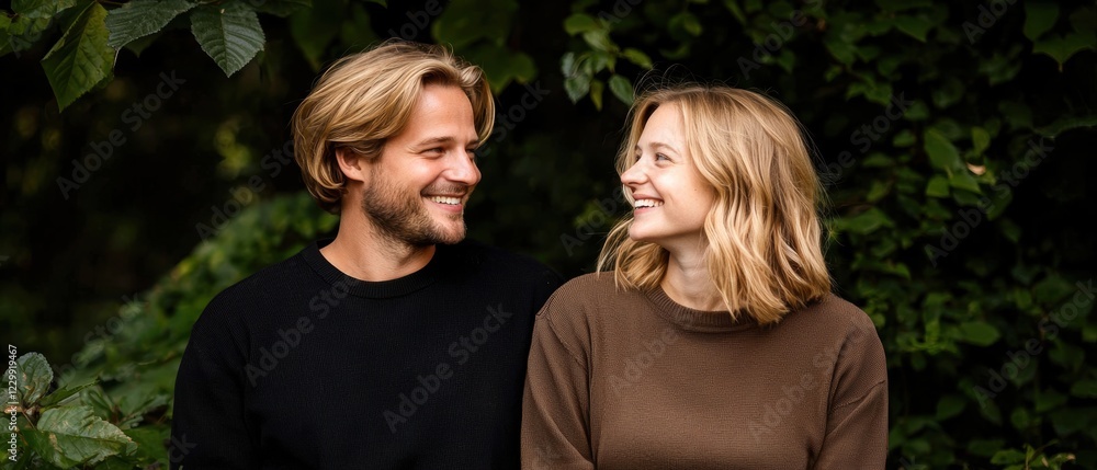 Fototapeta premium A joyful couple smiles at each other in a lush, green setting, radiating happiness and connection.