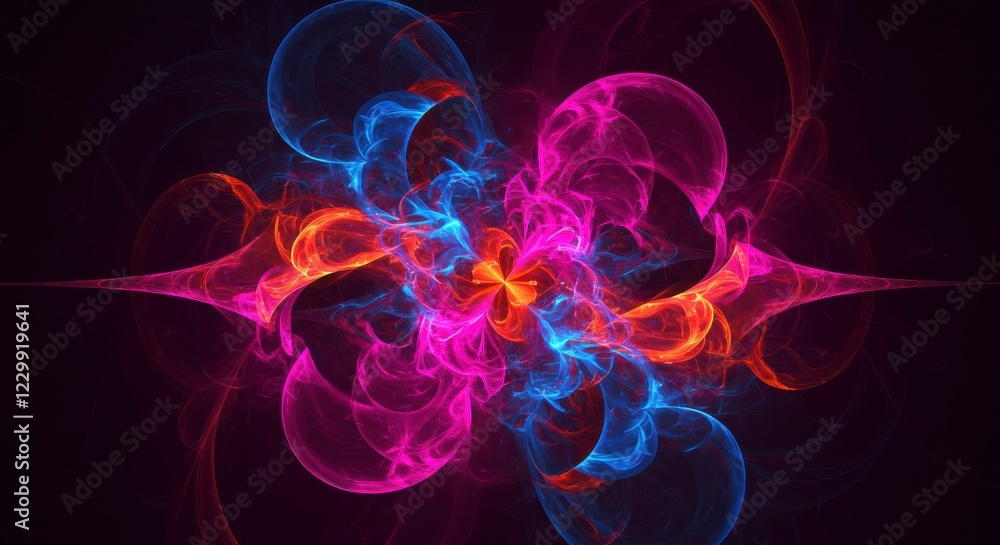 Fototapeta premium Cosmic Dance of Light: A mesmerizing fractal pattern unfolds in a symphony of vibrant pink and blue hues, against a backdrop of deep, rich black. The ethereal forms dance and intertwine.