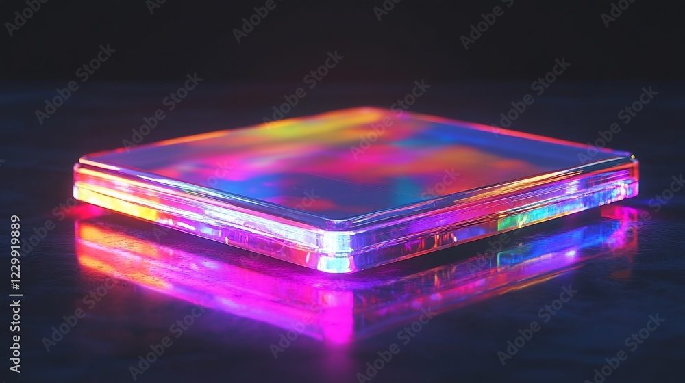 Neon Prism: A Futuristic Glass Cube Reflecting Vibrant Hues Neon Prism: A Futuristic Glass Cube Reflecting Vibrant Hues