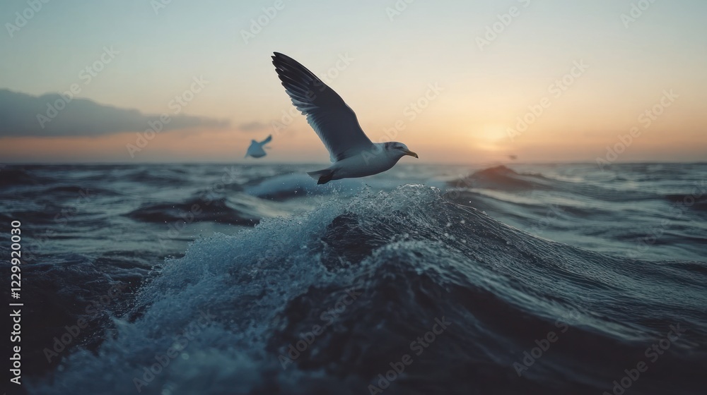 Fototapeta premium Seagull flying over ocean waves at sunset.