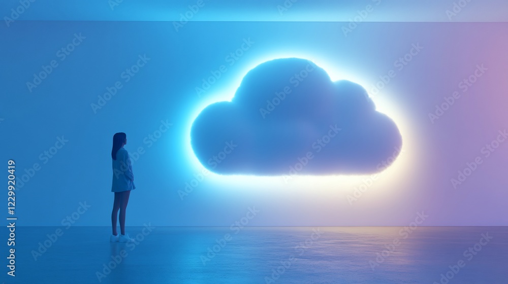 Woman Gazing at Illuminated Cloud: A Digital Dreamscape Woman Gazing at Illuminated Cloud: A Digital Dreamscape