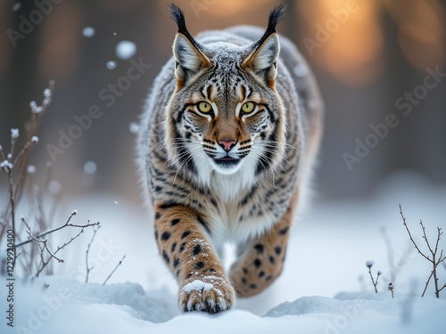A lynx gracefully walks through the snow, illuminated by the warm hues of a sunset in the background generative ai
