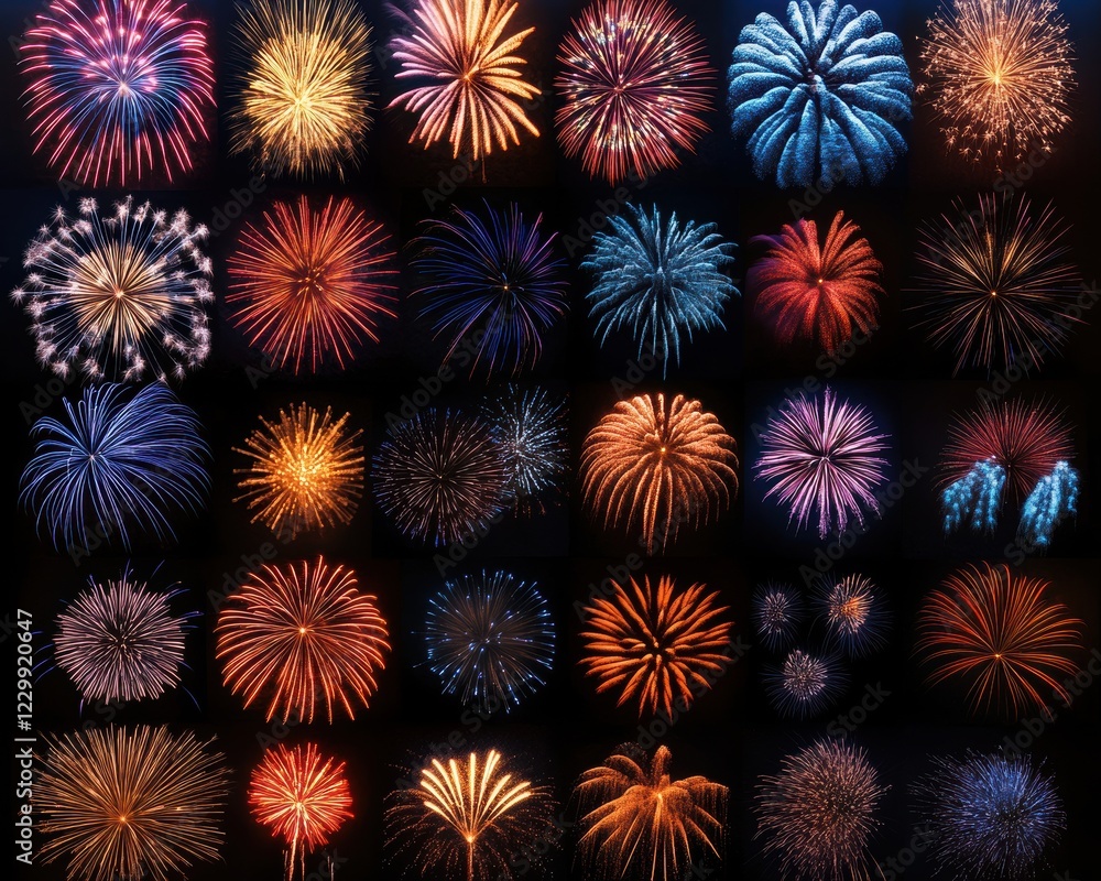 Fototapeta premium Vibrant Fireworks Display in Various Shapes and Colors Captured Against Dark Night Sky for Celebratory Events and Festive Occasions