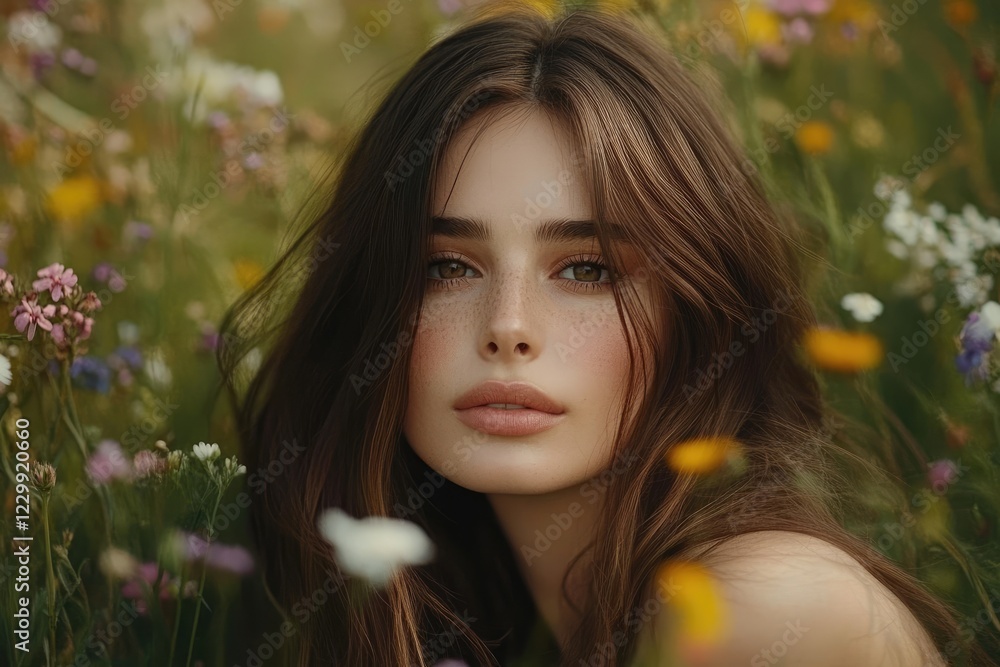Beautiful woman with long brown hair posing in the middle of wild flowers