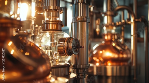 Close-up of Copper and Glass Distillation Equipment