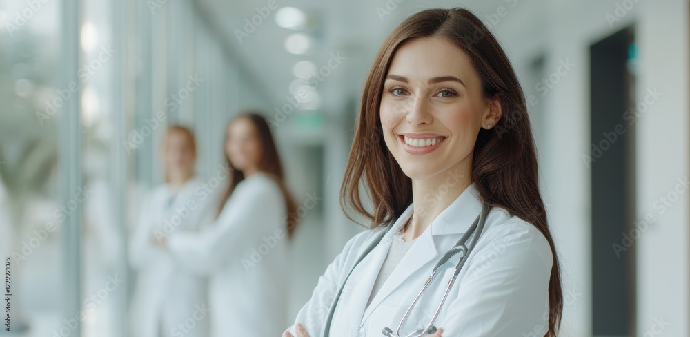 custom made wallpaper toronto digitalA smiling female doctor stands confidently in a hallway, with two colleagues in the background, showcasing a professional medical environment.