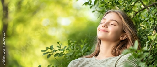 A serene woman enjoys nature, exuding calmness and joy amidst lush greenery, embodying peace and relaxation.