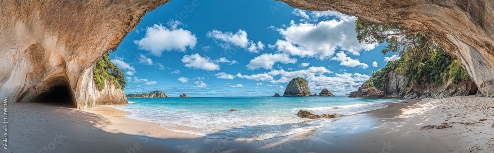 A breathtaking view of a serene beach from deep inside a cave A breathtaking view of a serene beach from deep inside a cave