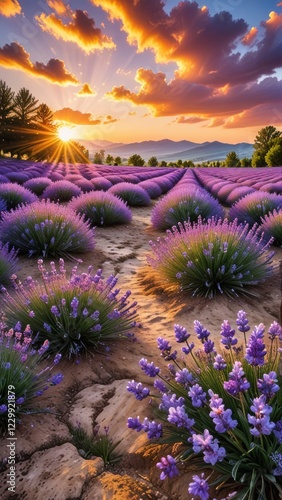 A stunning sunset over a field of blooming lavender.