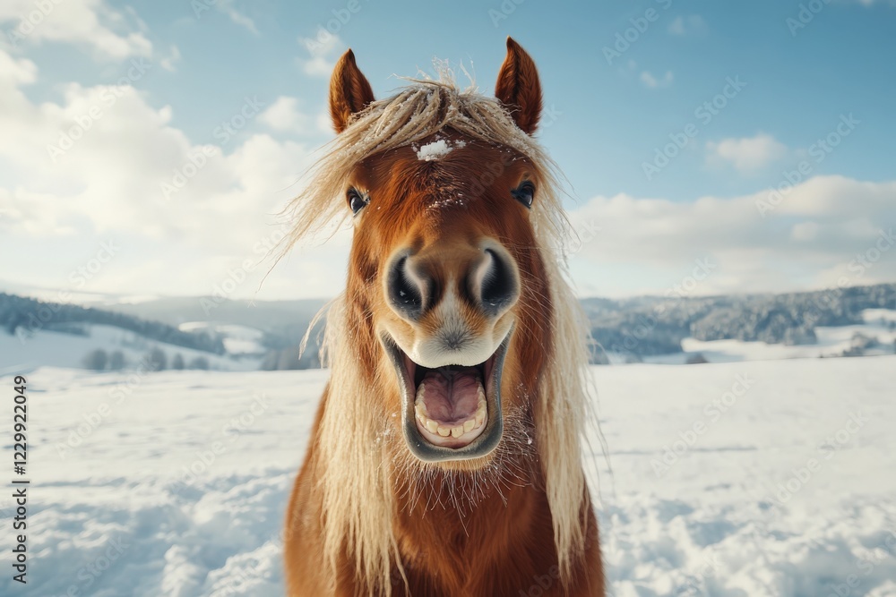 Fototapeta premium A brown and white horse stands in the snow with its mouth open