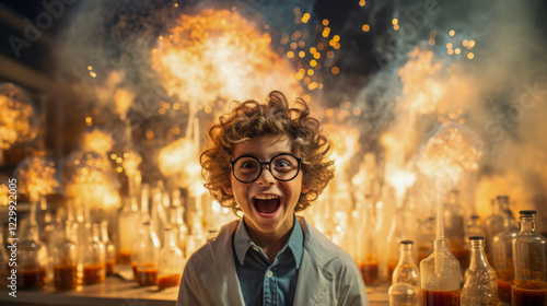 Crazed young boy scientist excitedly holding test tubes with colorful smoke in a laboratory setting