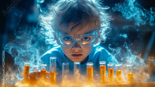 Crazed young boy scientist excitedly holding test tubes with colorful smoke in a laboratory setting photo