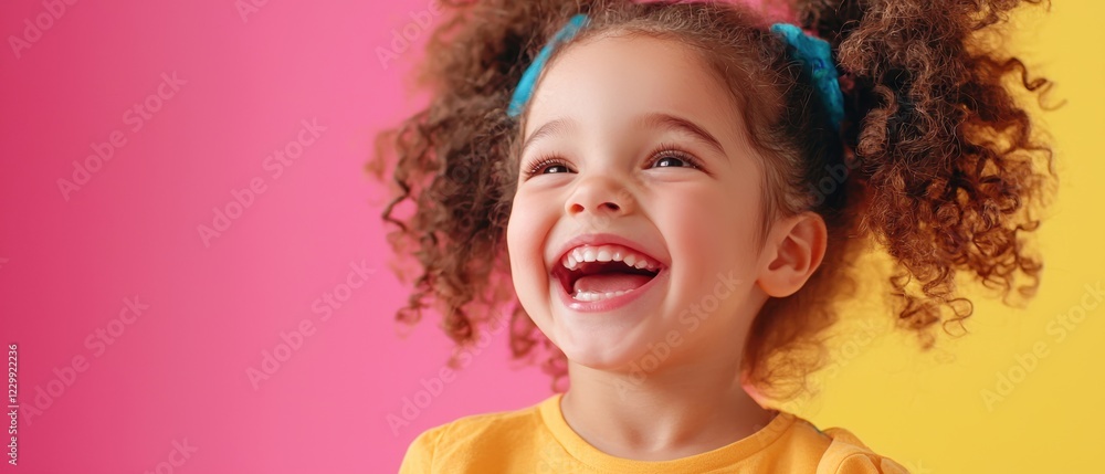 A joyful young girl with curly hair smiles brightly against a colorful pink and yellow background, radiating happiness and innocence. A joyful young girl with curly hair smiles brightly against a colorful pink and yellow background, radiating happiness and innocence.