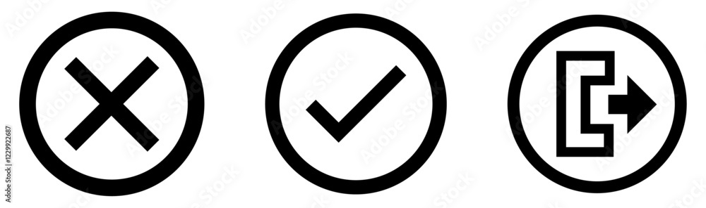 Set of three black and white interface icons, check marks icons, check marks, exit icon, vector illustration Set of three black and white interface icons, check marks icons, check marks, exit icon, vector illustration