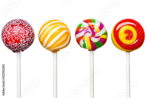 Four lollipops with different colors and designs. ,on transparent background.