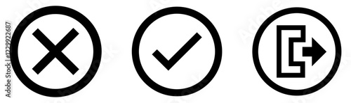 Set of three black and white interface icons, check marks icons, check marks, exit icon, vector illustration
