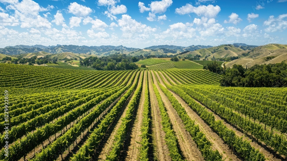Aerial view of grapevine-covered hills, showcasing neat rows of vines under a bright blue sky. Aerial view of grapevine-covered hills, showcasing neat rows of vines under a bright blue sky.