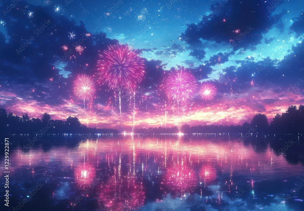 Vibrant Fireworks Display Reflected in Serene Lake Under Starry Night Sky Creating a Magical Atmosphere for Celebrations and Events Vibrant Fireworks Display Reflected in Serene Lake Under Starry Night Sky Creating a Magical Atmosphere for Celebrations and Events