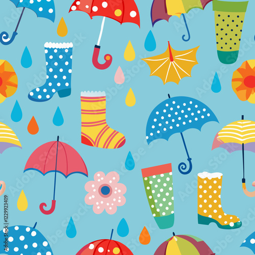 Seamless Spring Rain Boots and Umbrellas Pattern – Playful and Adorable. Perfect for: Spring, children's designs, rainy season, playful themes