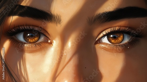 A beautiful pair of almond-shaped brown eyes, with long natural lashes, giving a calm and gentle expression, framed by flawless skin and soft light.