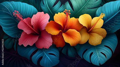 Vibrant hibiscus flowers in red, orange, and yellow, surrounded by lush tropical leaves. A captivating image perfect for summer themes and tropical designs. photo