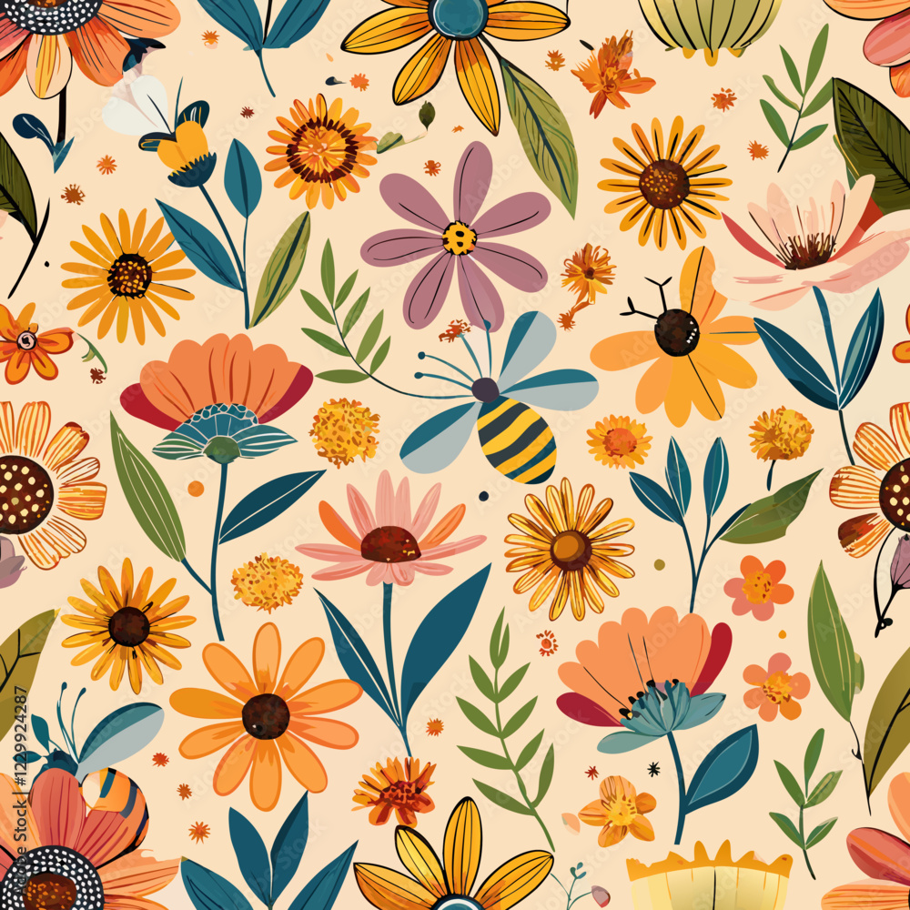 Seamless Spring Wildflowers and Bees Pattern – Vibrant and Natural. Perfect for: Spring, Earth Day, organic branding, nature-related products Seamless Spring Wildflowers and Bees Pattern – Vibrant and Natural. Perfect for: Spring, Earth Day, organic branding, nature-related products