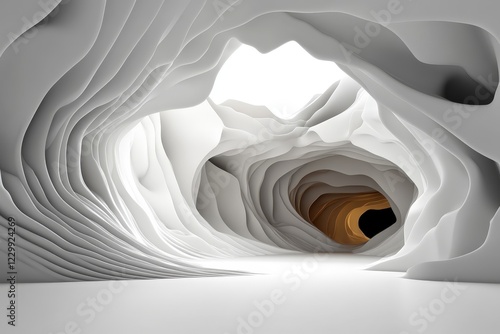 A mesmerizing abstract cave-like structure featuring smooth white curves and shadows, evoking feelings of calmness and exploration in an ethereal environment.