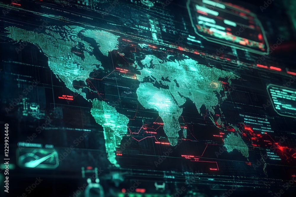 Obraz premium Global Network Map: A futuristic digital world map displayed on a high-tech interface, glowing with vibrant teal and red hues, showcasing intricate data streams and connections across continents.