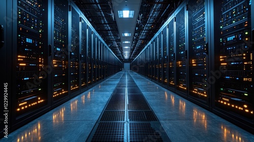 Long row of servers in a data center with blinking lights and cables connected to each unit photo