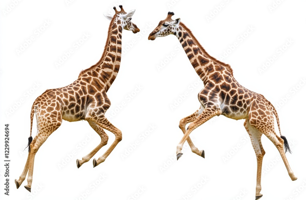 Obraz premium A giraffe is gracefully standing on its hind legs against a white background