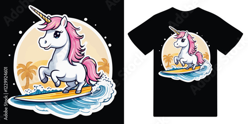 Cartoon illustration of a magical surfing unicorn. Vector illustration of a white unicorn with a pink mane surfing on ocean waves. Summer life design for print t shirt graphics design, typography.