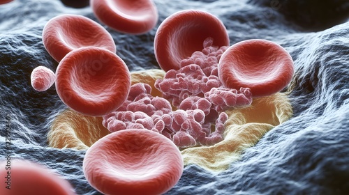 Blood Clot Formation: Microscopic view of red blood cells aggregating around a blood clot, illustrating the complex process of hemostasis.