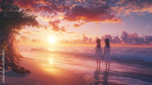 Sunset Serenity: Two Girls on a Tropical Beach