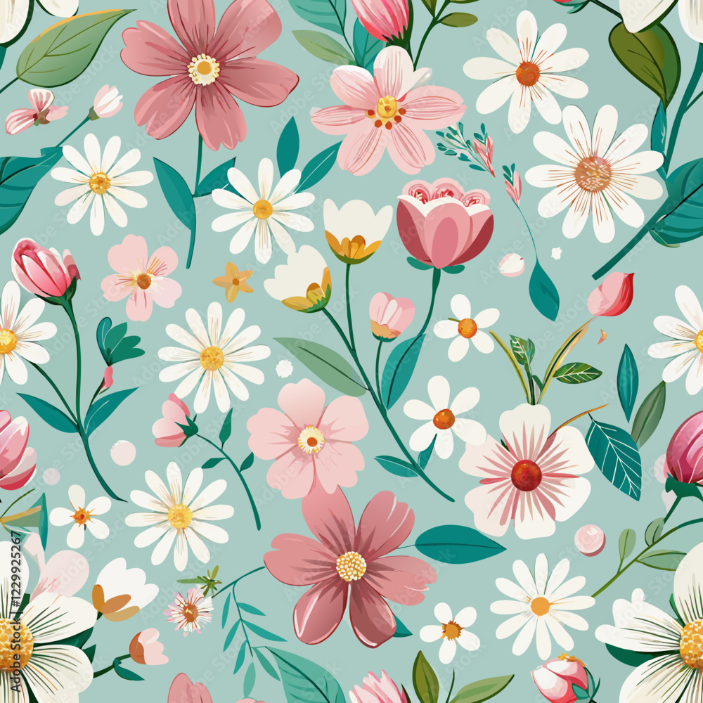 Seamless Spring Floral Pattern with Cherry Blossoms, Daisies, and Tulips. Perfect for: Spring, Mother's Day, floral events, packaging Seamless Spring Floral Pattern with Cherry Blossoms, Daisies, and Tulips. Perfect for: Spring, Mother's Day, floral events, packaging