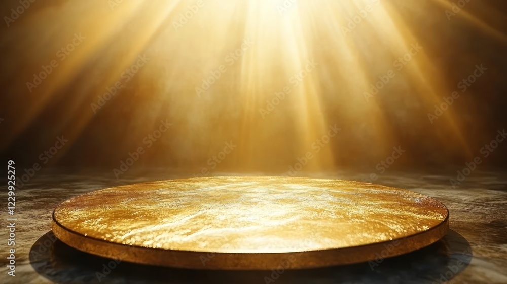 Obraz premium Golden round platform illuminated by bright light rays.