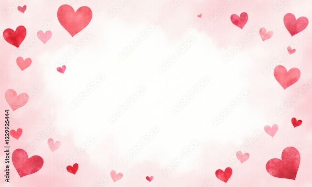 Festive pastel background with scattering of red hearts of different sizes and arranged in different positions Festive pastel background with scattering of red hearts of different sizes and arranged in different positions