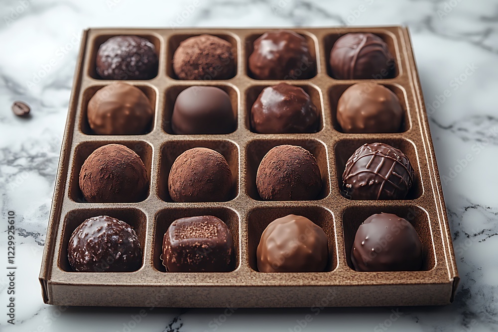 A box of assorted gourmet chocolates on a marble background A box of assorted gourmet chocolates on a marble background