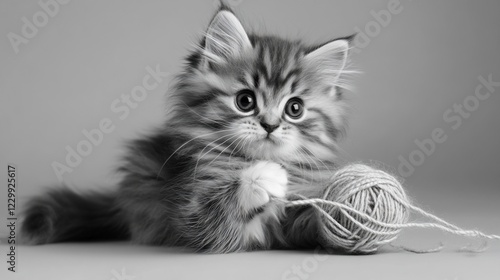 Wallpaper Mural Adorable Kitten Playing with Yarn: A Black and White Portrait Torontodigital.ca