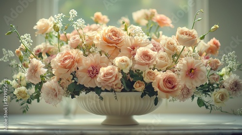 Elegant floral arrangement of roses and carnations in white vase serene indoor setting soft natural light