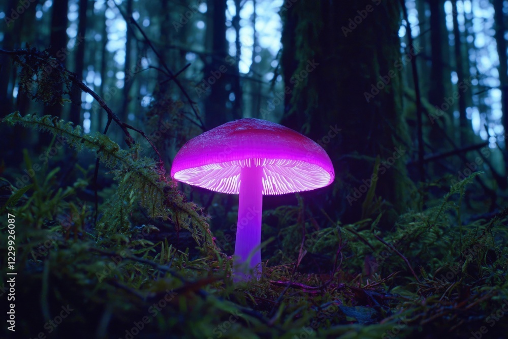 Fototapeta premium Glowing Purple Mushroom In A Dark Forest