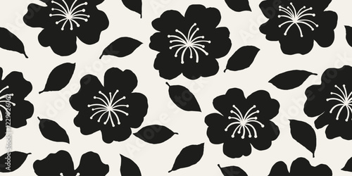 Monochrome abstract florals seamless pattern. Hand drawn flowers background. Modern print in black and white.