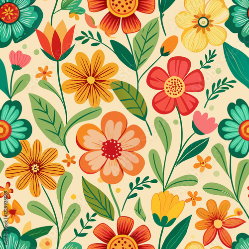 Wallpaper Mural Seamless Hand-Drawn Spring Wildflower Pattern – Warm and Bright. Perfect for: Spring, nature-inspired designs, bohemian style Torontodigital.ca