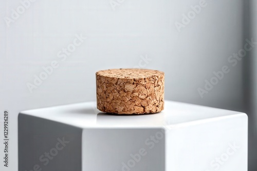 A simple yet striking cork piece rests atop a modern white pedestal, showcasing the beauty of minimalism and natural materials in contemporary design. photo